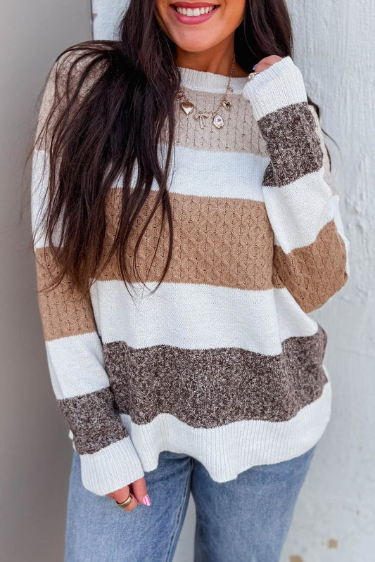 Brown Mixed Texture Knit Striped Colorblock Loose Sweater  Shop One Place