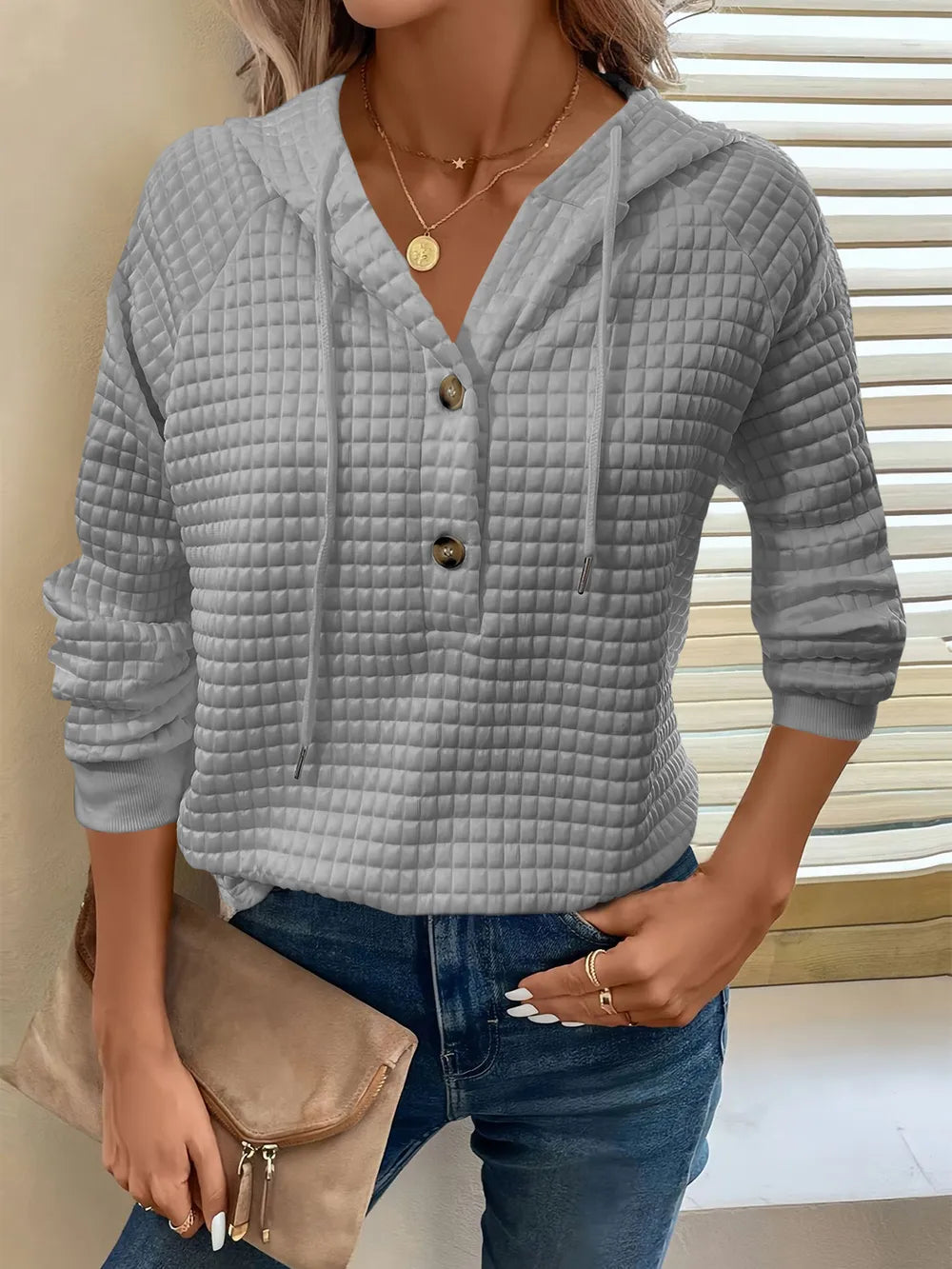 Full Size Texture Button Detail Drawstring Long Sleeve Hoodie  Shop One Place