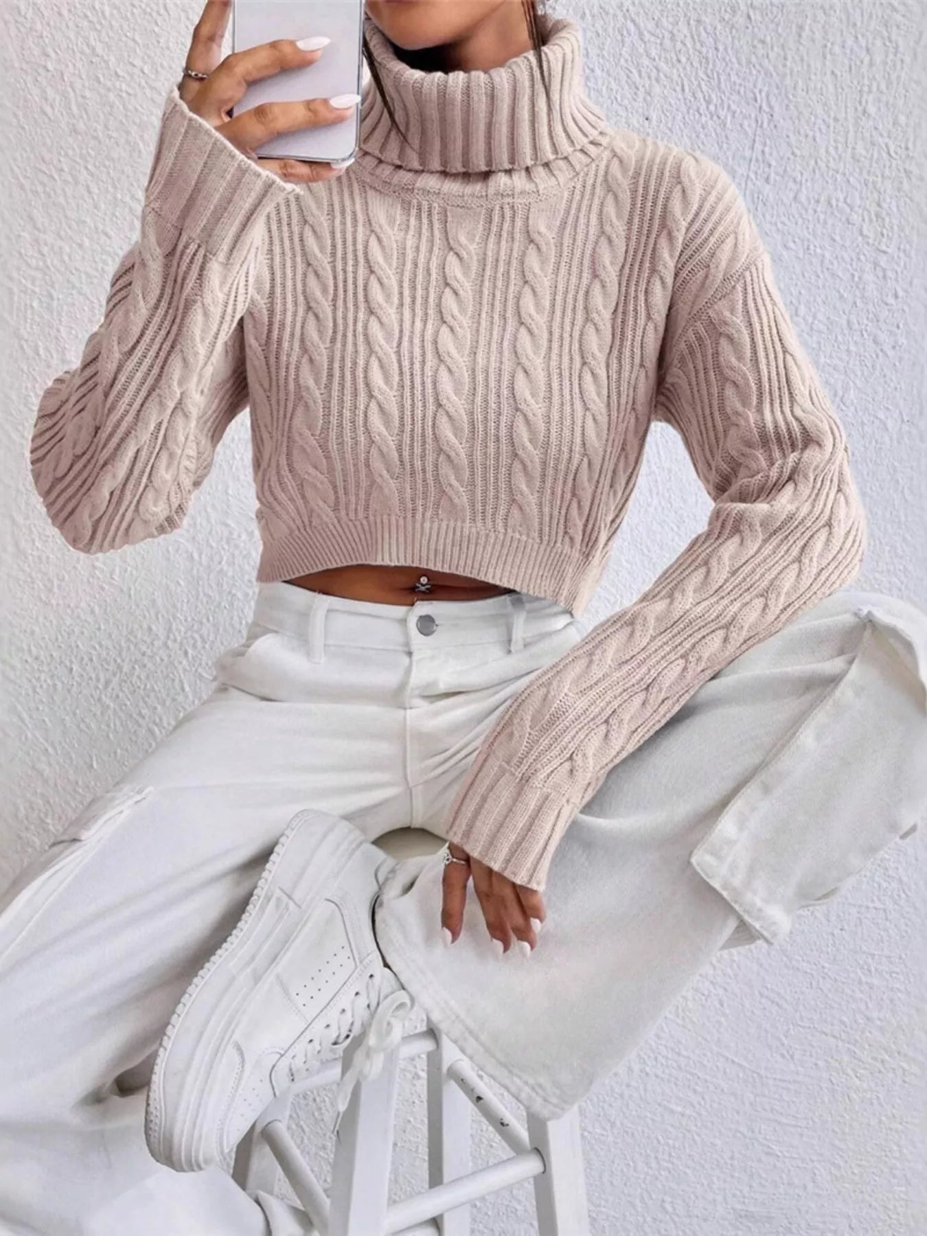 Cable-Knit Turtleneck Long Sleeve Sweater  Shop One Place