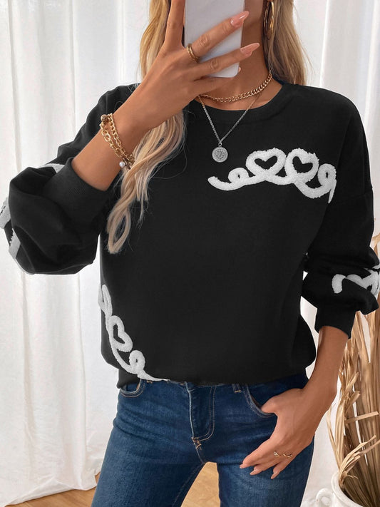Perfee Heart Round Neck Long Sleeve Sweater  Shop One Place