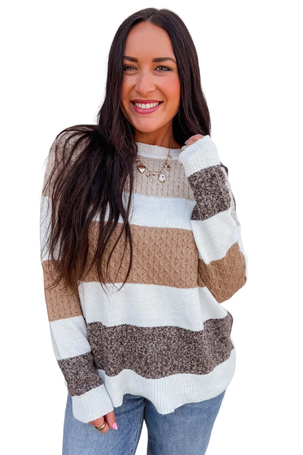 Brown Mixed Texture Knit Striped Colorblock Loose Sweater  Shop One Place