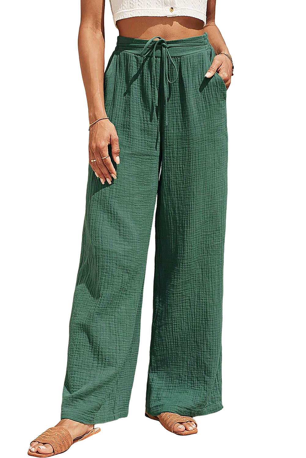 Mist Green Crinkled Tied Waist Wide Leg Pants