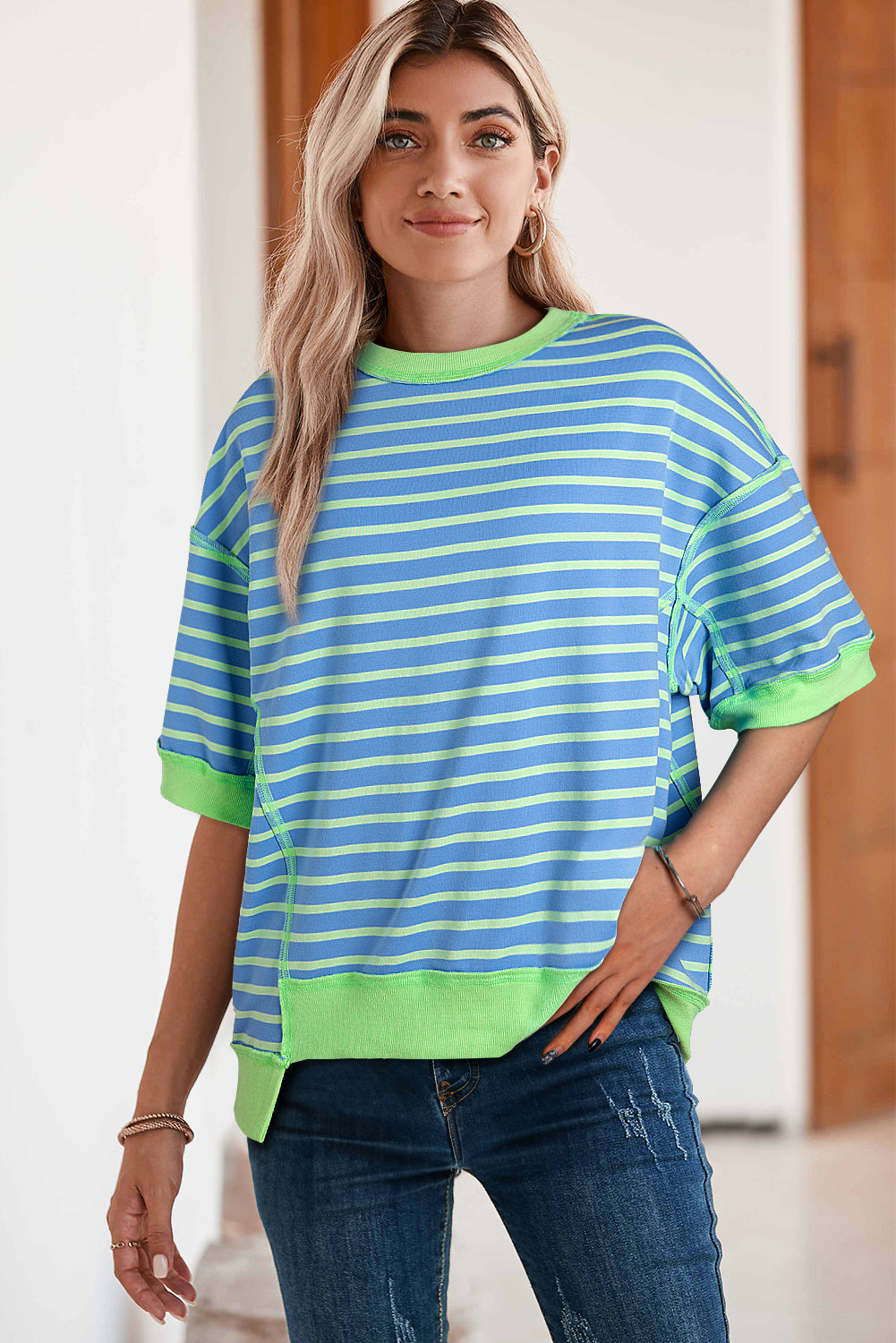 Stripe Colorblock Drop Sleeve Oversized T Shirt