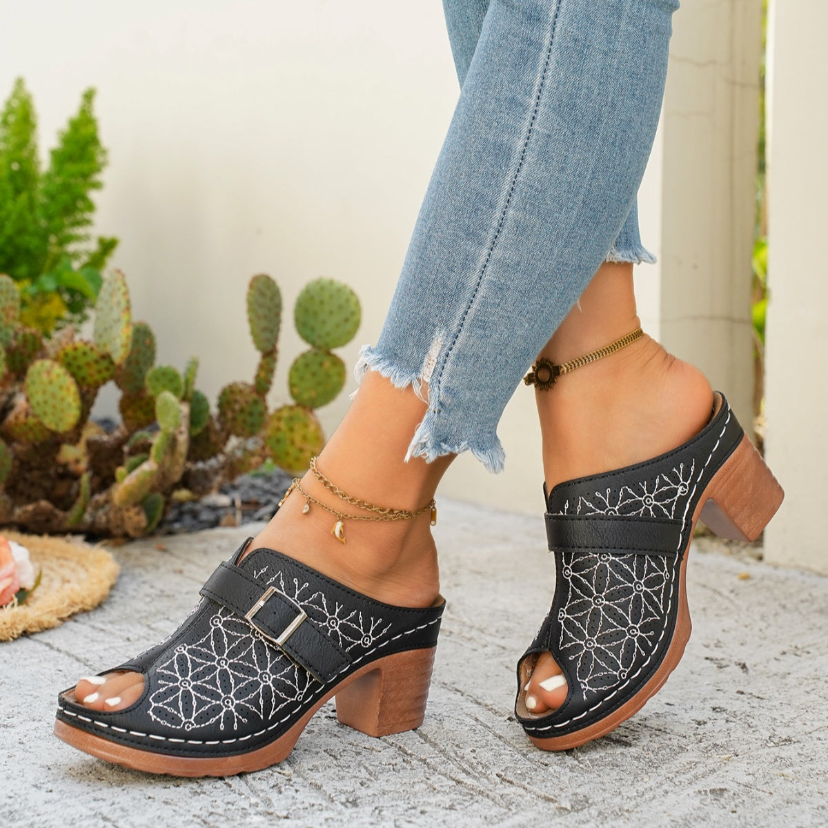 Buckle Decor Block Heel Sandals  Shop One Place