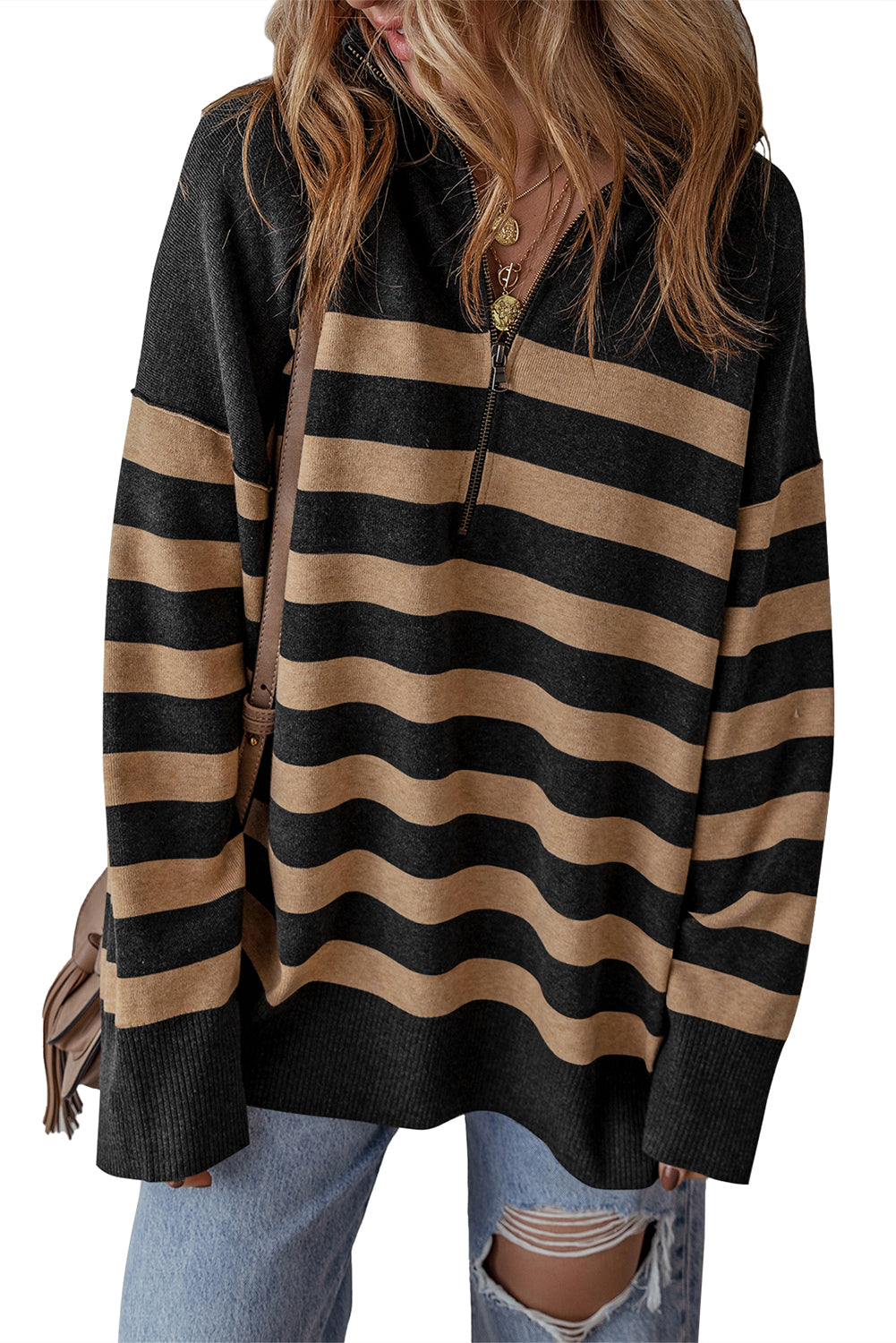 Striped Collared Quarter Zip Oversized Sweater