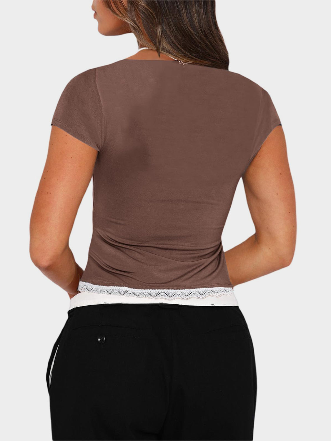 Lace Detail Sweetheart Neck Short Sleeve T-Shirt  Shop One Place
