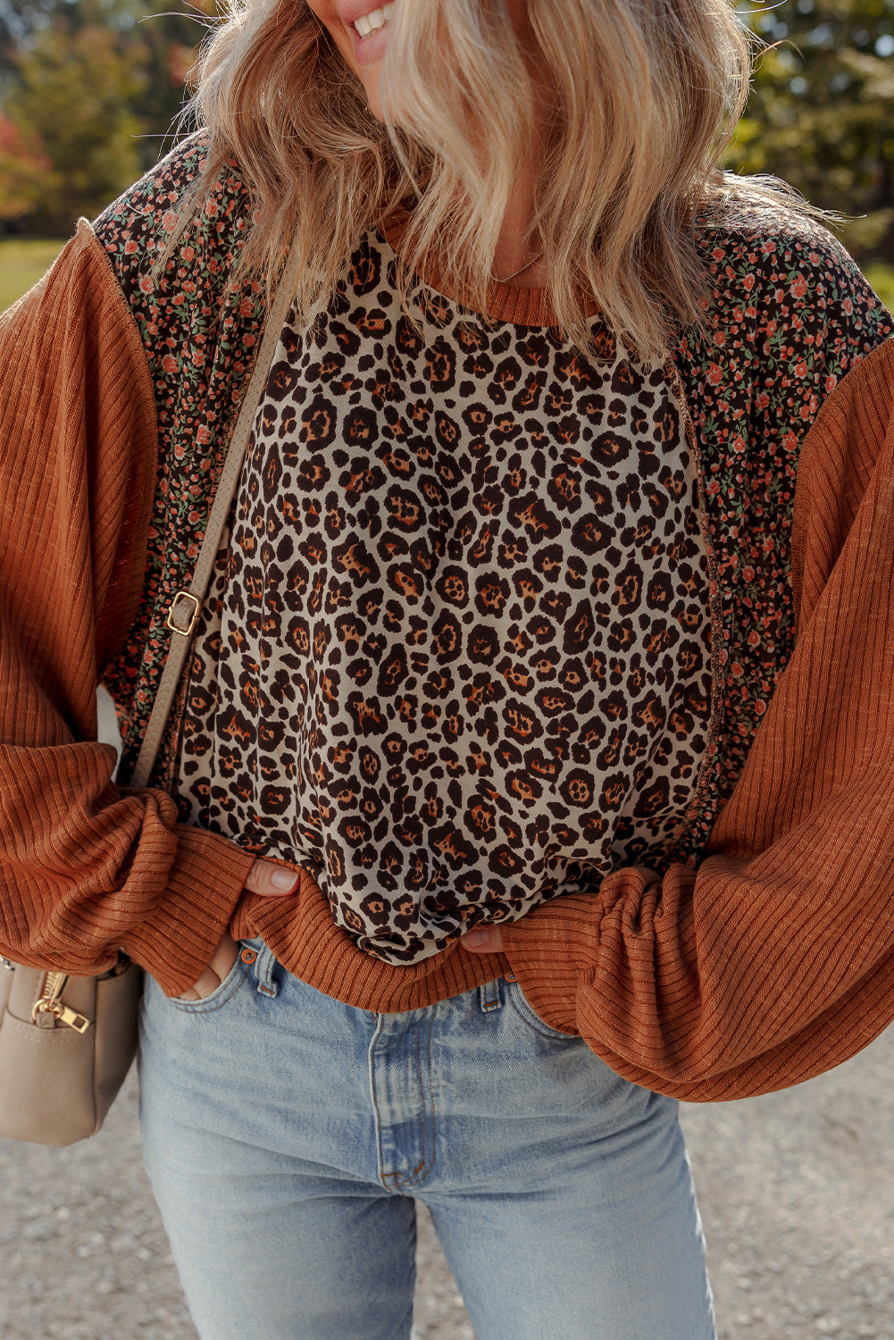 Brown Leopard Floral Print Ribbed Patchwork Puff Sleeve Loose Pullover  Shop One Place