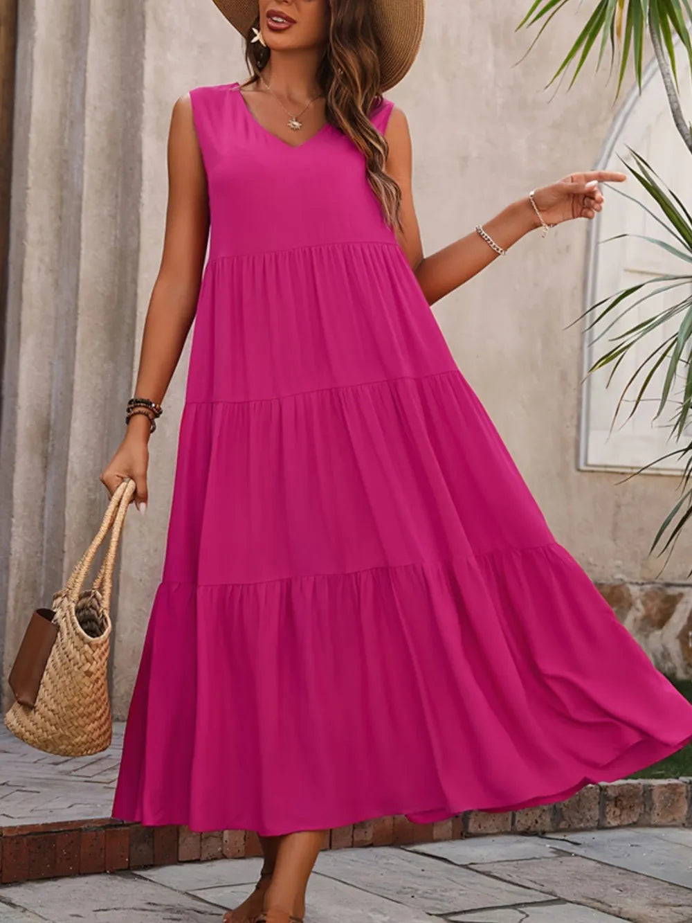 Tiered V-Neck Sleeveless Dress  Shop One Place