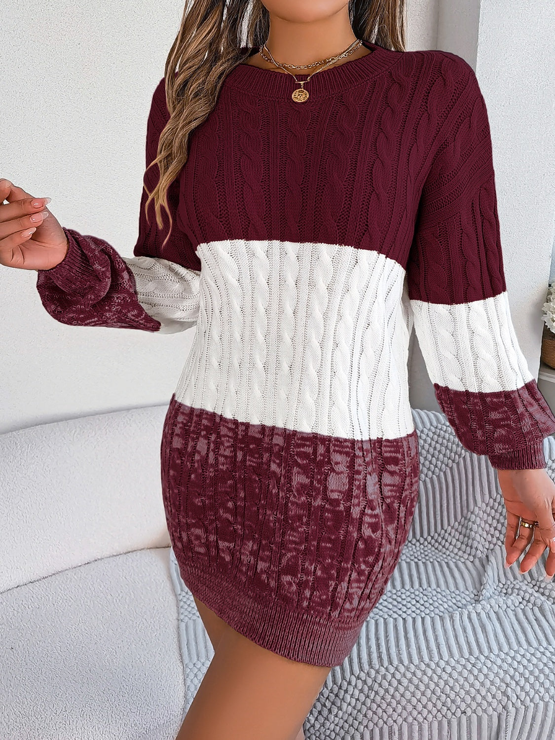 Cable-Knit Round Neck Color Block Sweater Dress  Shop One Place