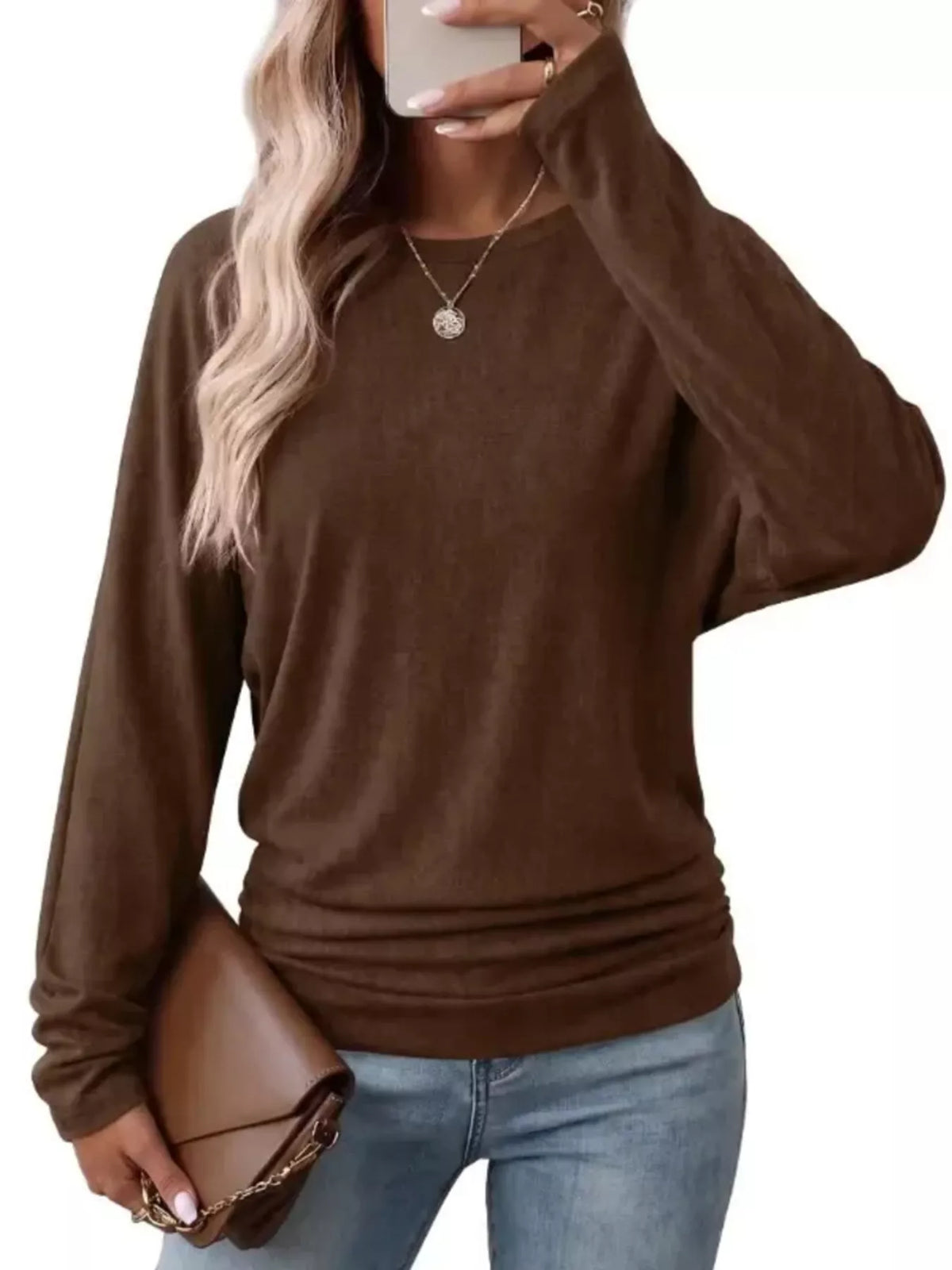 Women's Long Sleeve Crew Neck T-Shirt with Ruched Hem – view 23