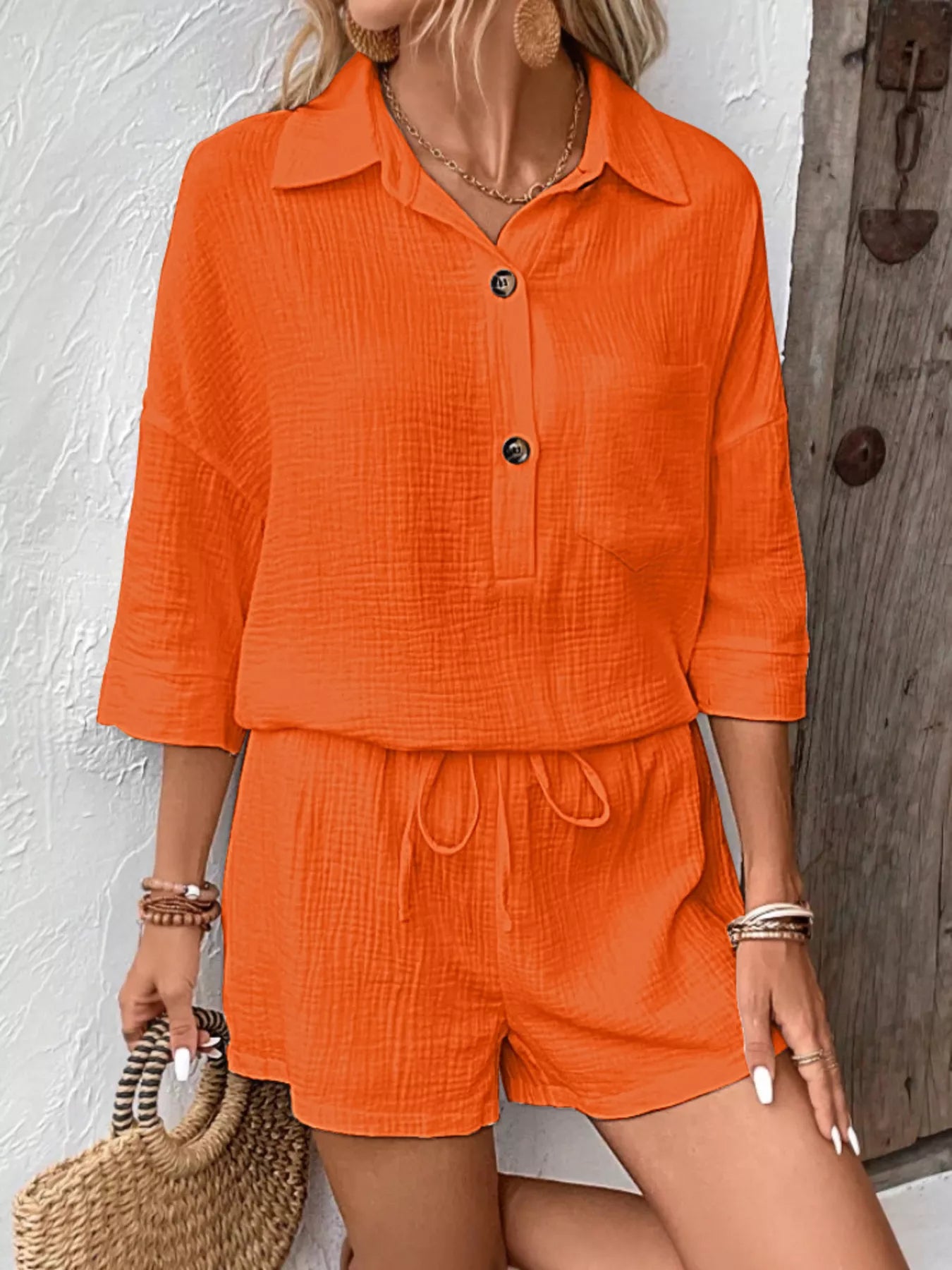 Button Detail Top and Shorts Set  Shop One Place