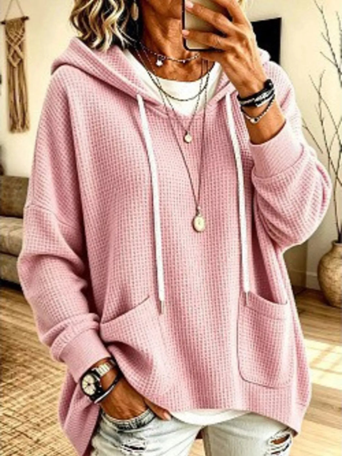 Women's Waffle Knit Hoodie with Pockets – view 7