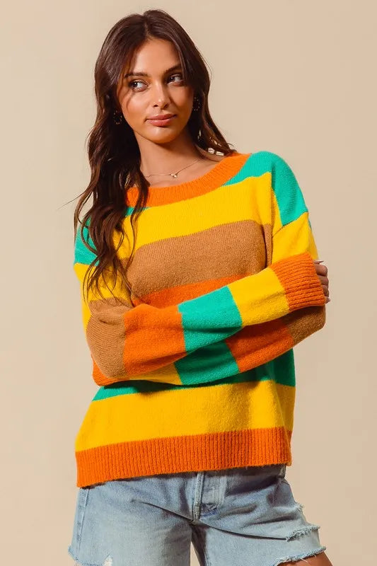 SO ME Multi Color Stripe Sweater with Ribbed Detail  Shop One Place