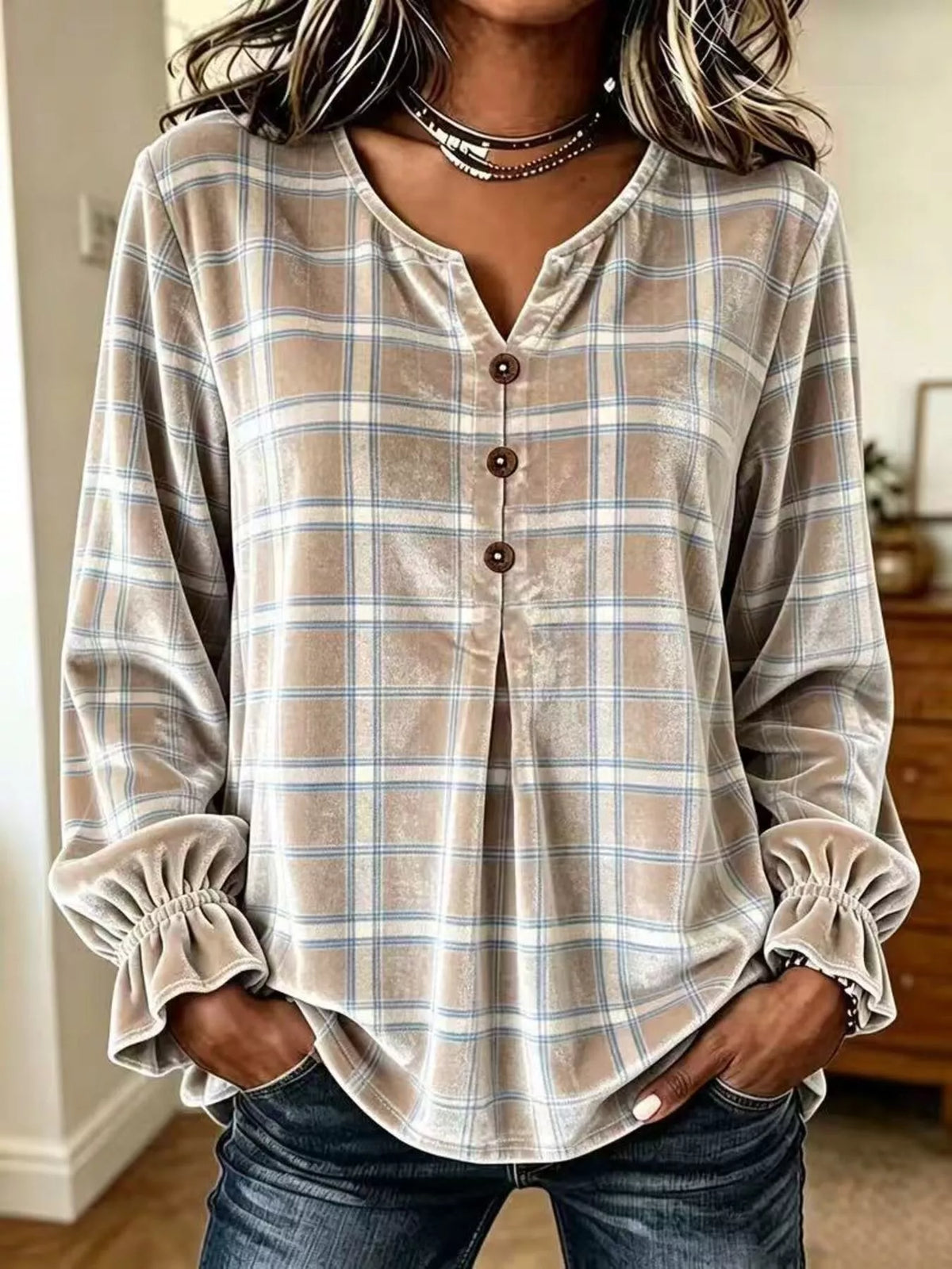 Women's Plaid Velvet Flounce Sleeve Blouse – view 11