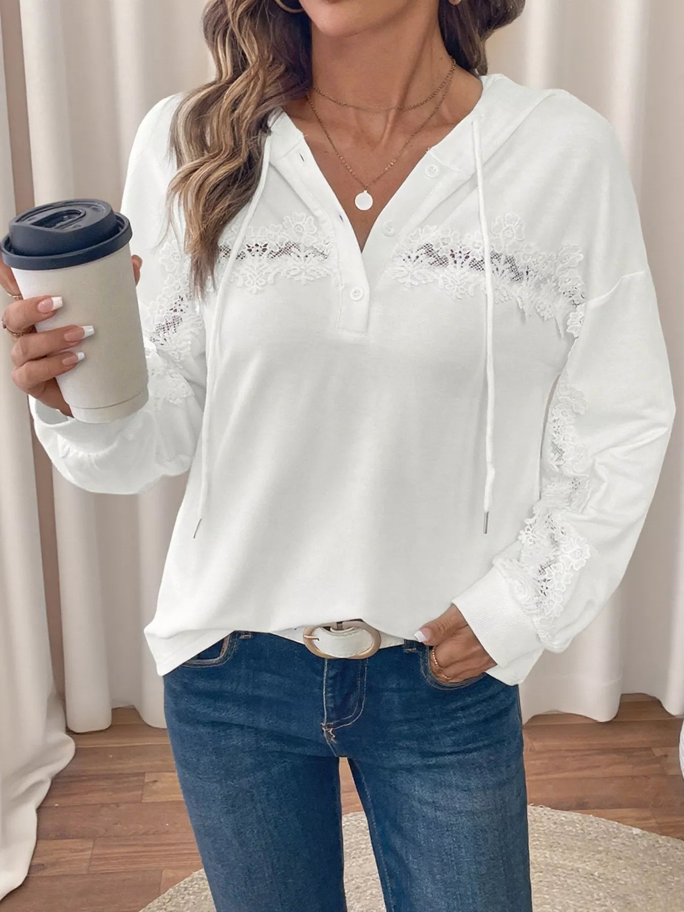Lace Detail Long Sleeve Drawstring Hoodie  Shop One Place