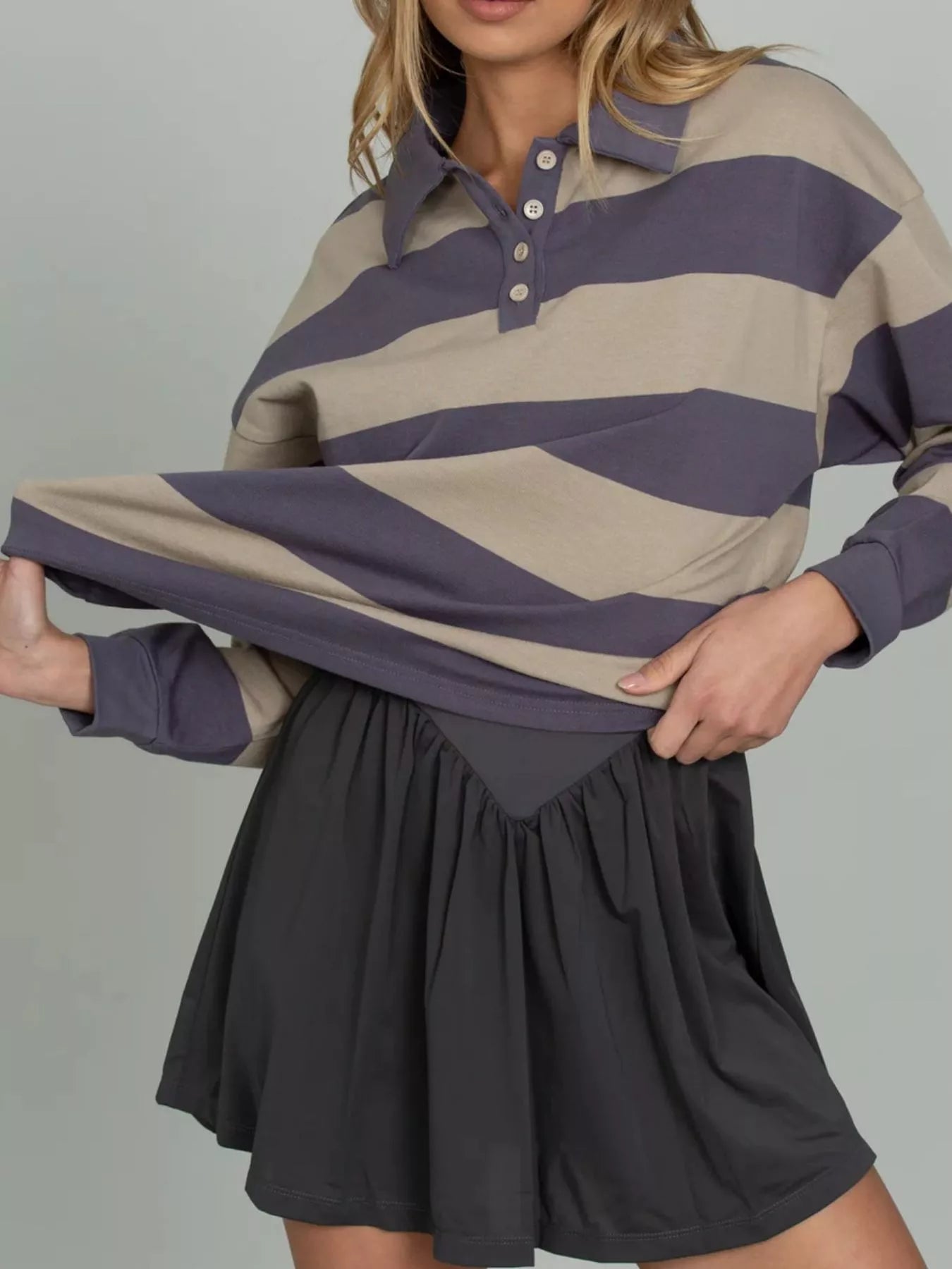 Striped Polo Collar Sweatshirt with Button Details  Shop One Place