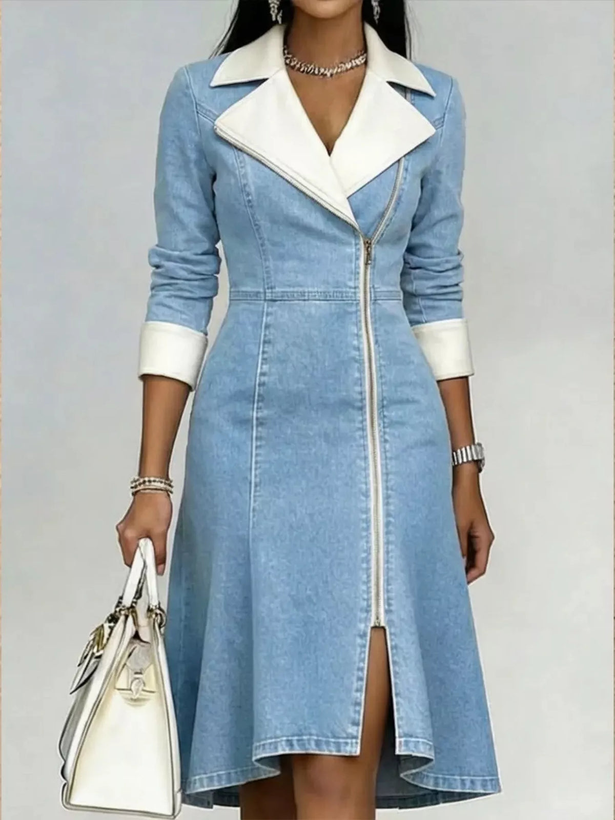Full Size Contrast Lapel Zip-Front Denim Dress Plus Size  Shop One Place