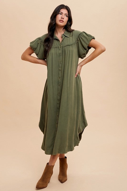 Army Green Annie Wear Mineral Washed Button Down Puff Sleeve Shirt Dress