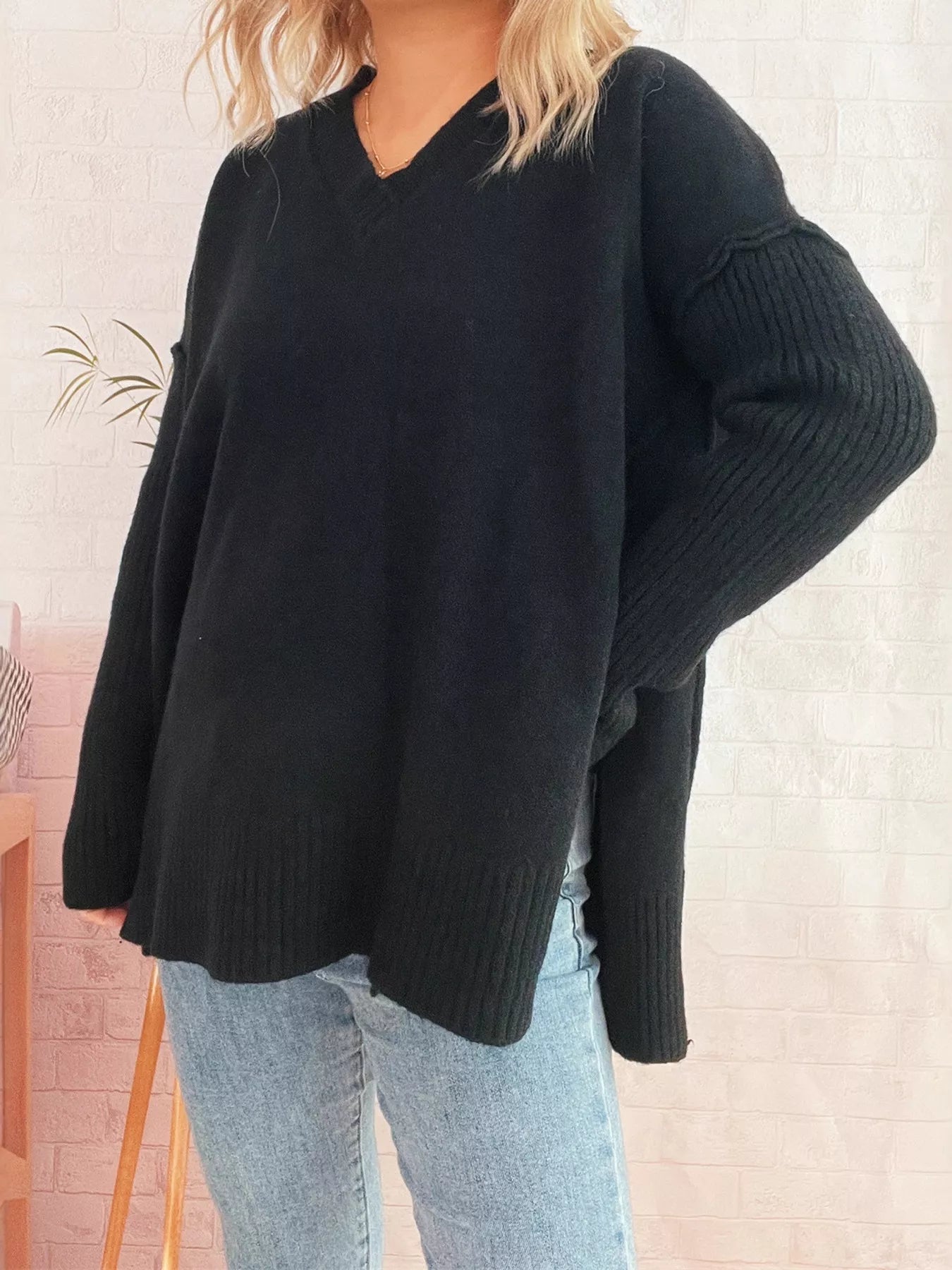 V-Neck Dropped Shoulder Sweater  Shop One Place