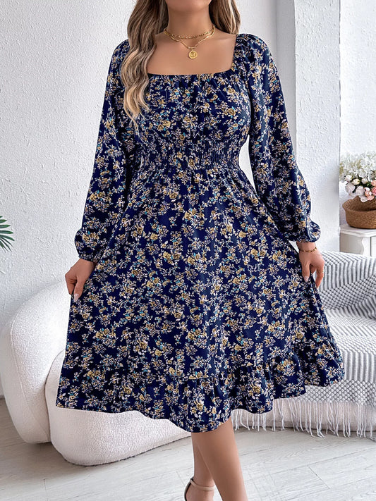 Floral Print Long Sleeve Square Neck Midi Dress  Shop One Place