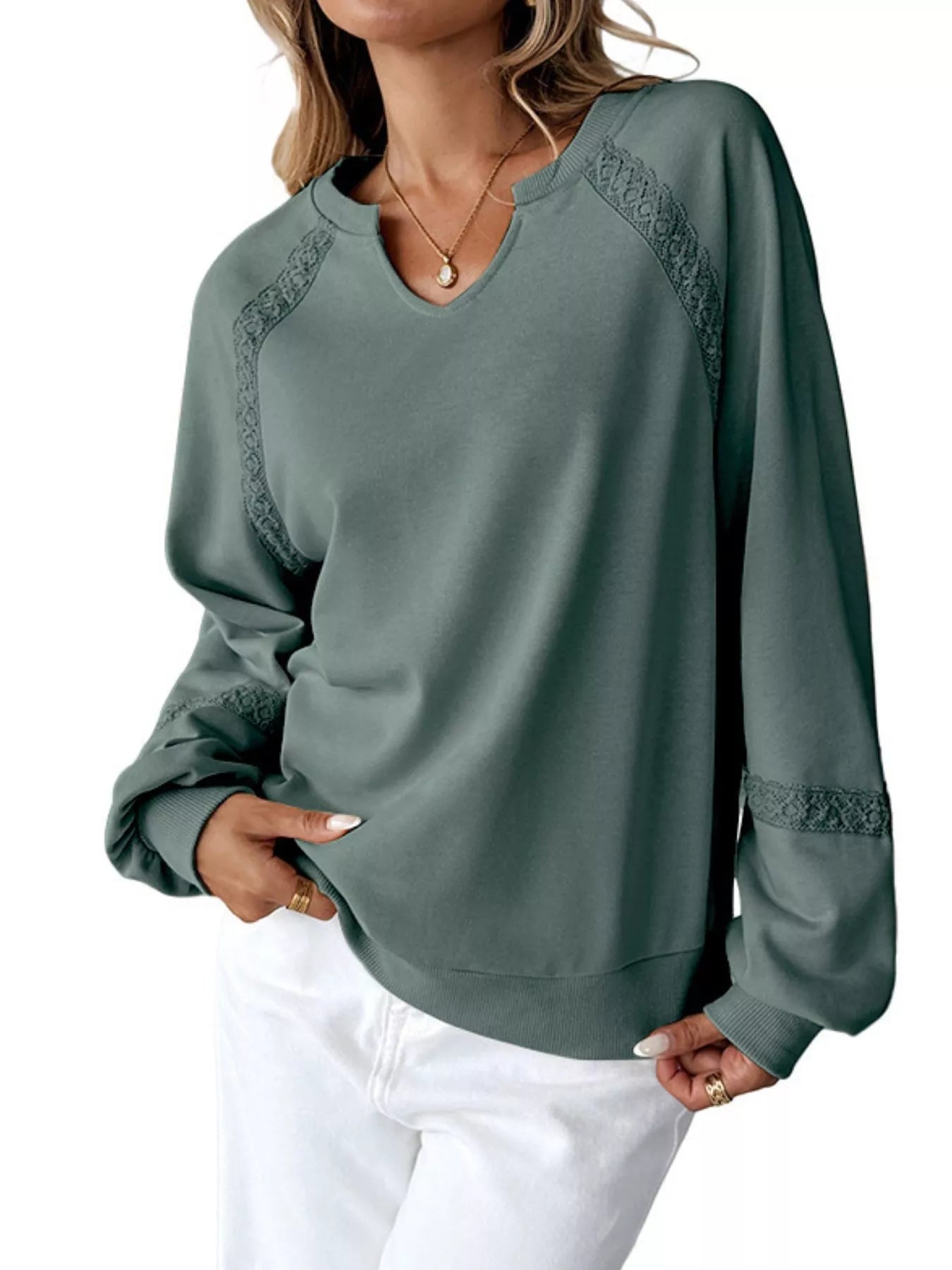 Notched Raglan Sleeve Sweatshirt  Shop One Place