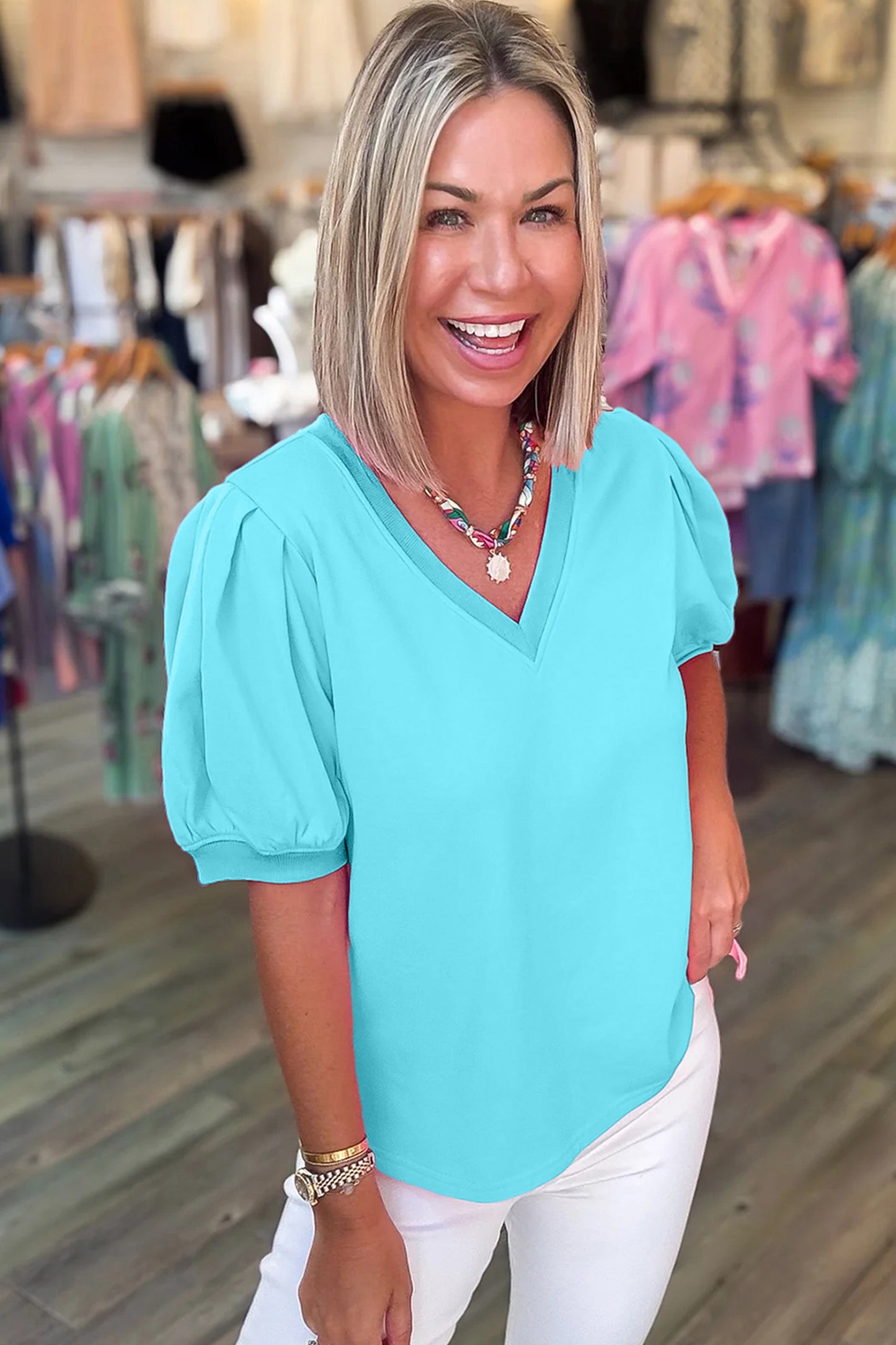 Turquoise Solid Color V Neck Short Puff Sleeve Blouse  Shop One Place