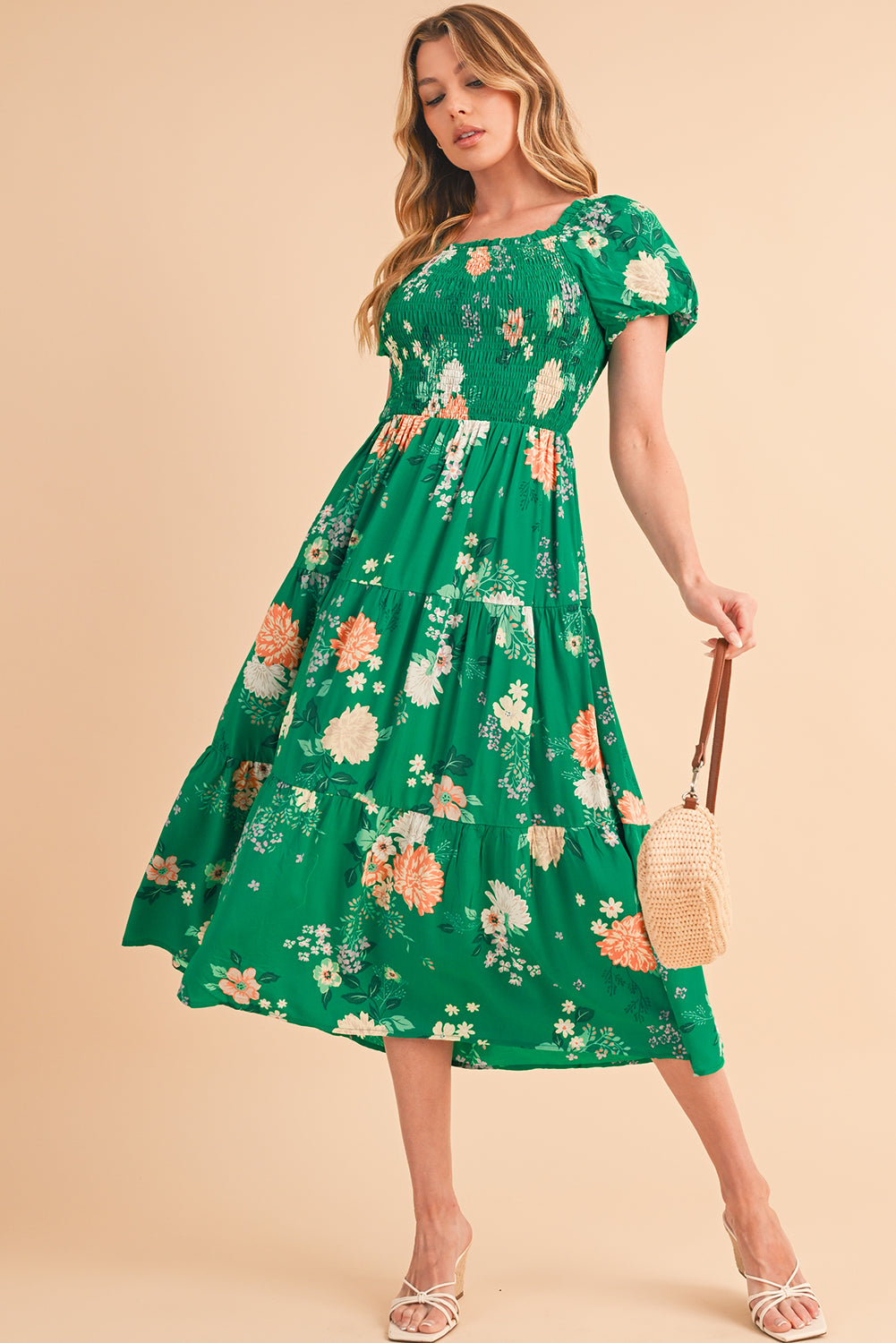 Green Floral Print Bubble Sleeve Smocked Tiered Midi Dress