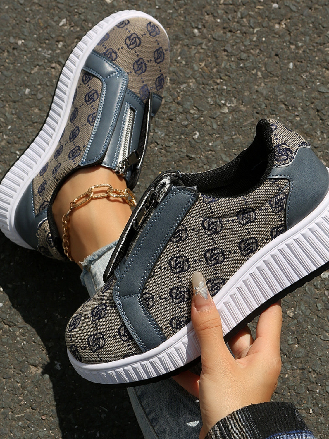 Floral Round Toe Sneakers with Zip  Shop One Place