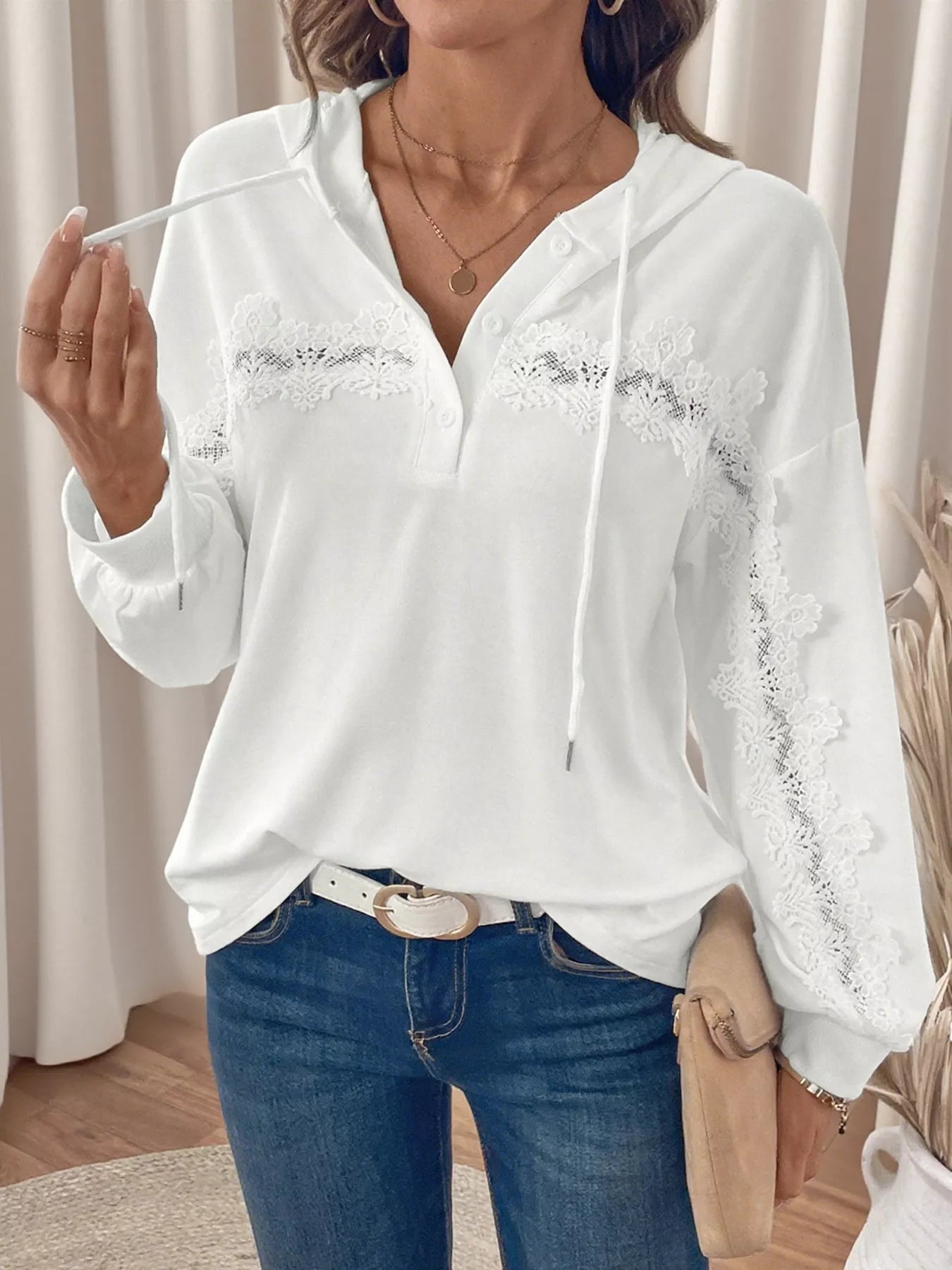 Lace Detail Long Sleeve Drawstring Hoodie  Shop One Place