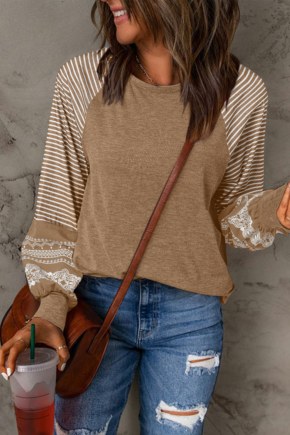 Gray Contrast Print Striped Raglan Long Sleeve Loose Top  Shop One Place