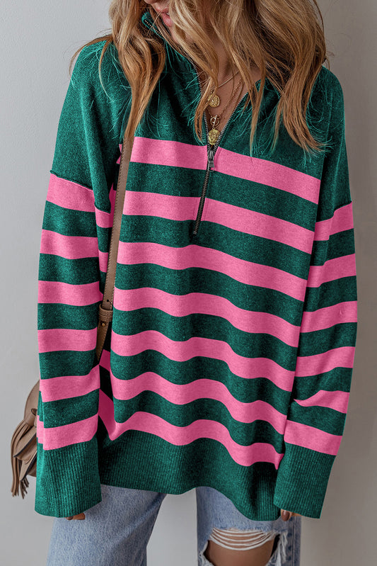 Striped Collared Quarter Zip Oversized Sweater