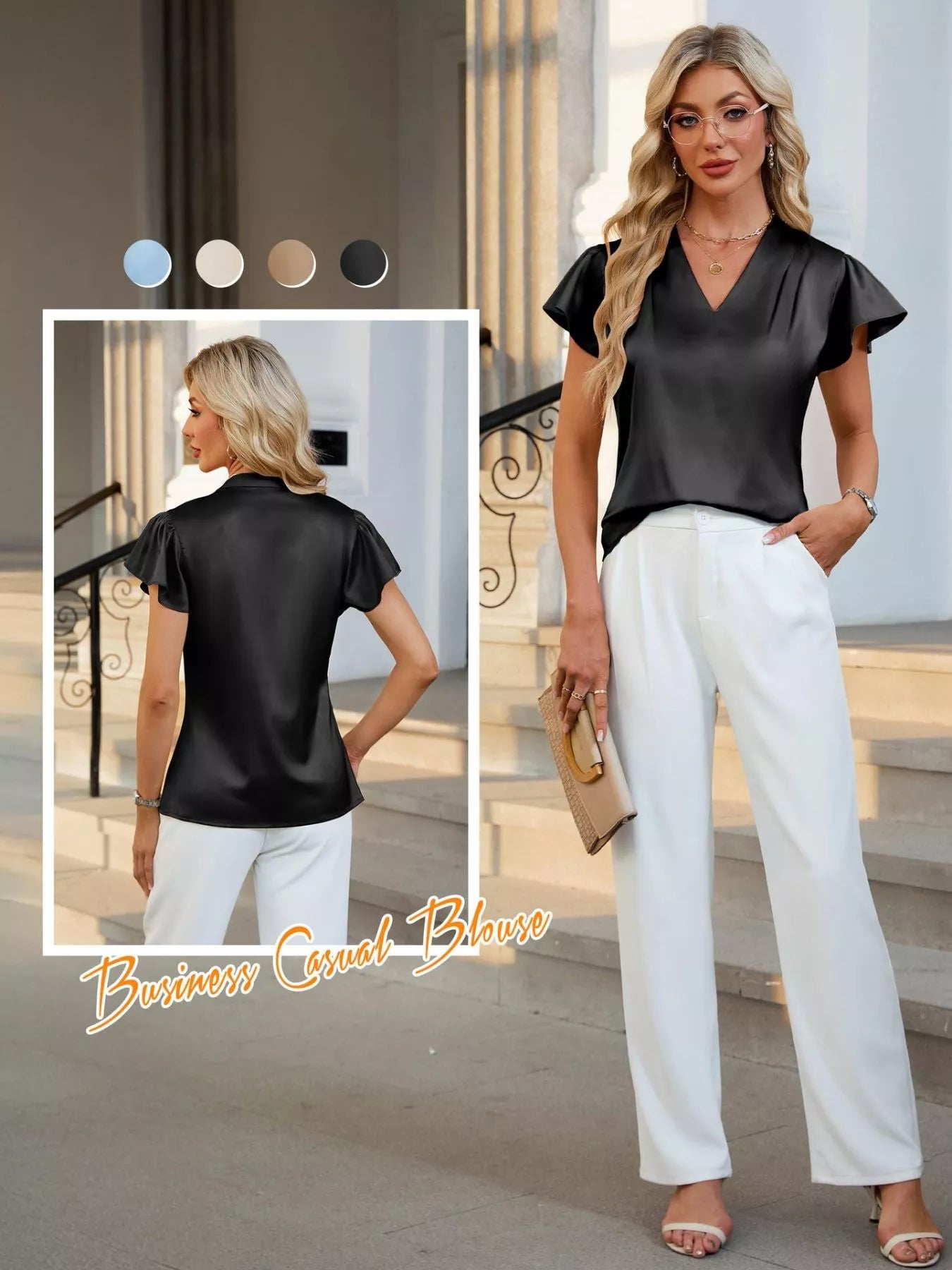 Satin V-Neck Flutter Sleeve Blouse  Shop One Place