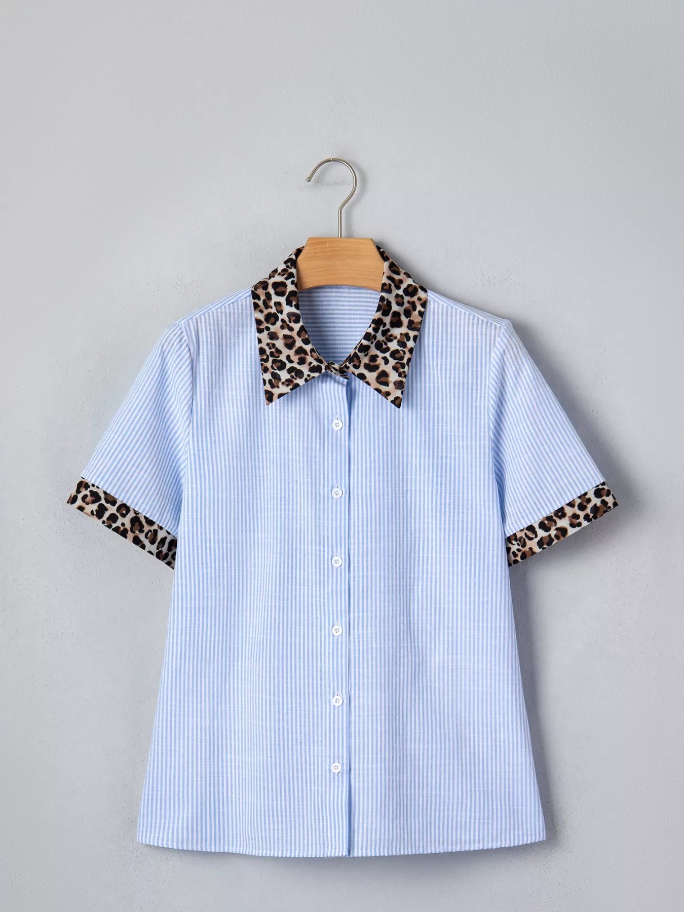 Stripe Leopard Contrast Collar Short Sleeve Shirt  Shop One Place