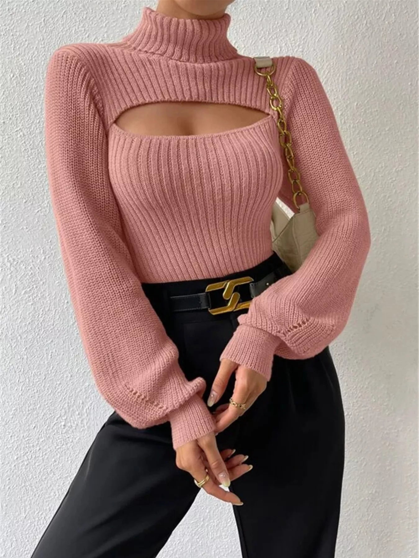 Cutout Front Turtleneck Long Sleeve Sweater  Shop One Place