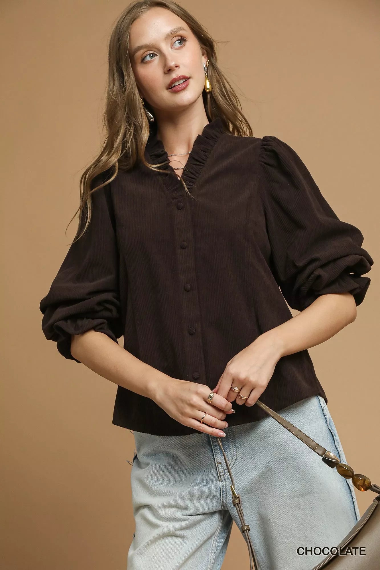 Umgee Corduroy Ruffle Shirt with Long Puff Sleeves  Shop One Place