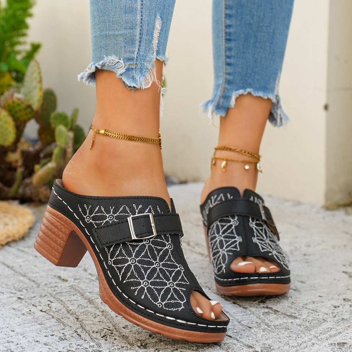 Buckle Decor Block Heel Sandals  Shop One Place