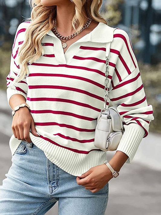 Striped Collared Neck Knit Top  Shop One Place