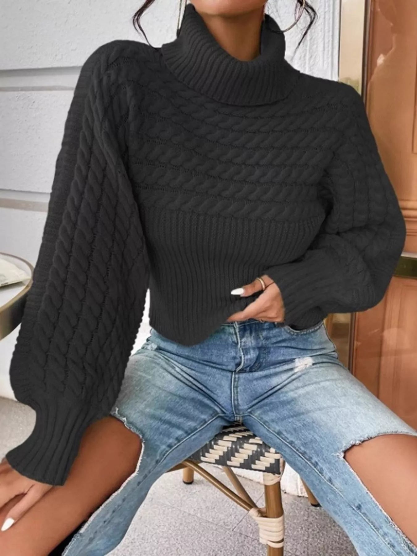 Full Size Textured Knit Turtleneck Long Sleeve Sweater Plus Size - Shop One Place