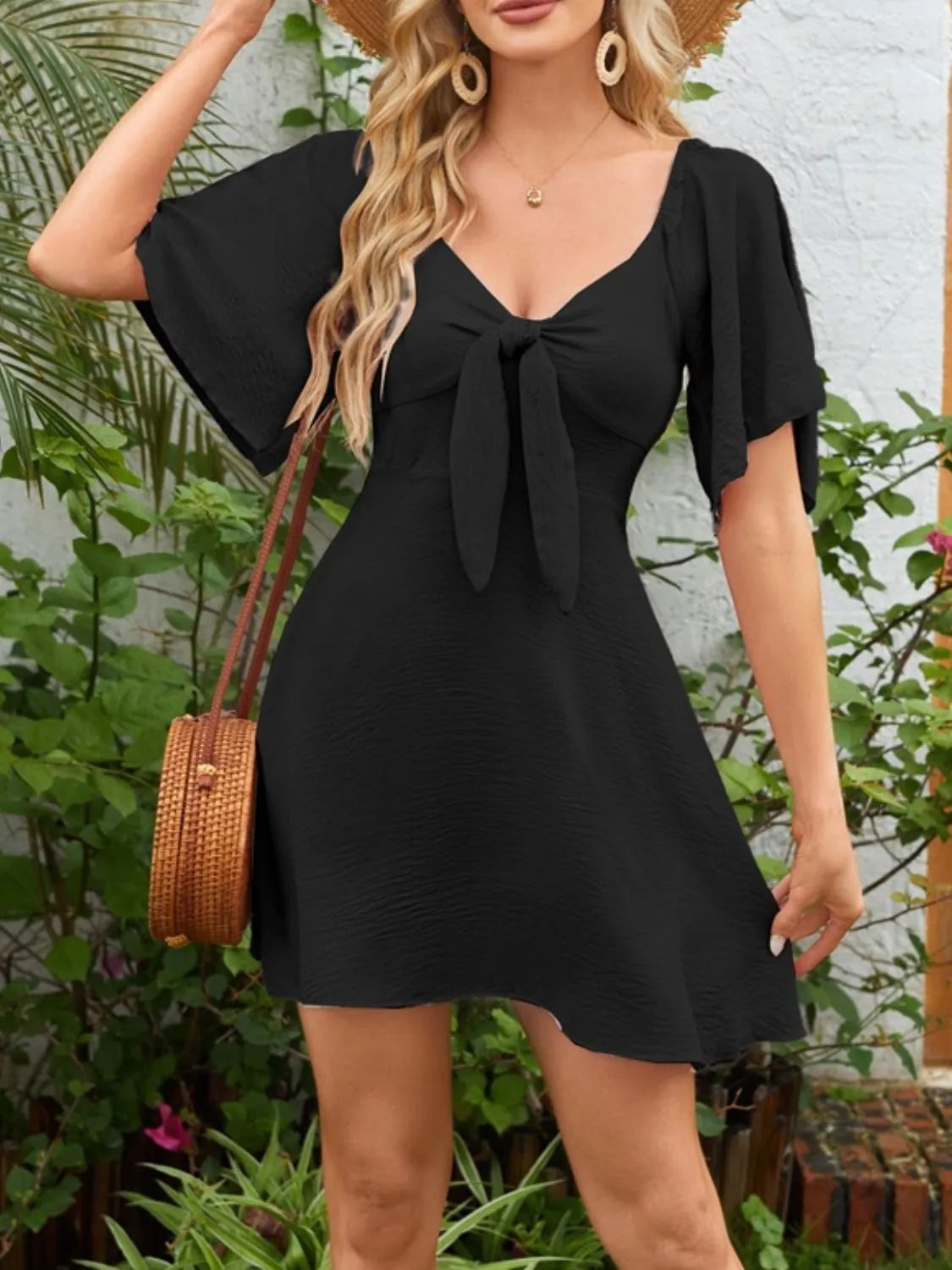 Smocked Back Knotted Flutter Sleeve Dress  Shop One Place