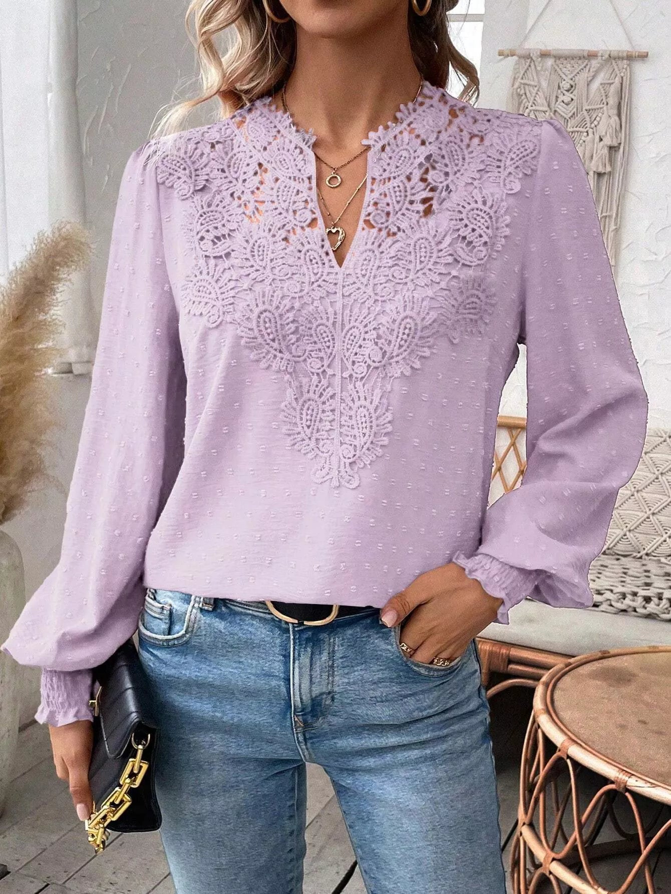 Swiss Dot Lace Detail Long Sleeve Blouse  Shop One Place