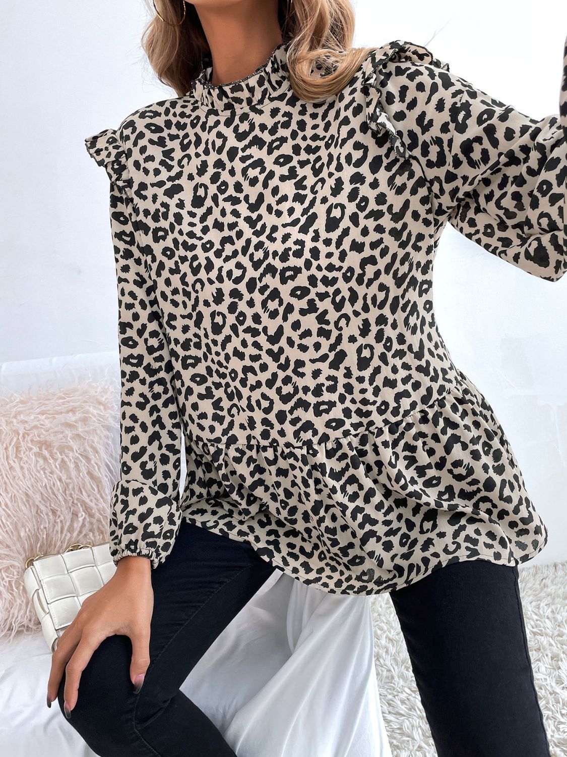 Ruffled Leopard Mock Neck Long Sleeve Blouse  Shop One Place