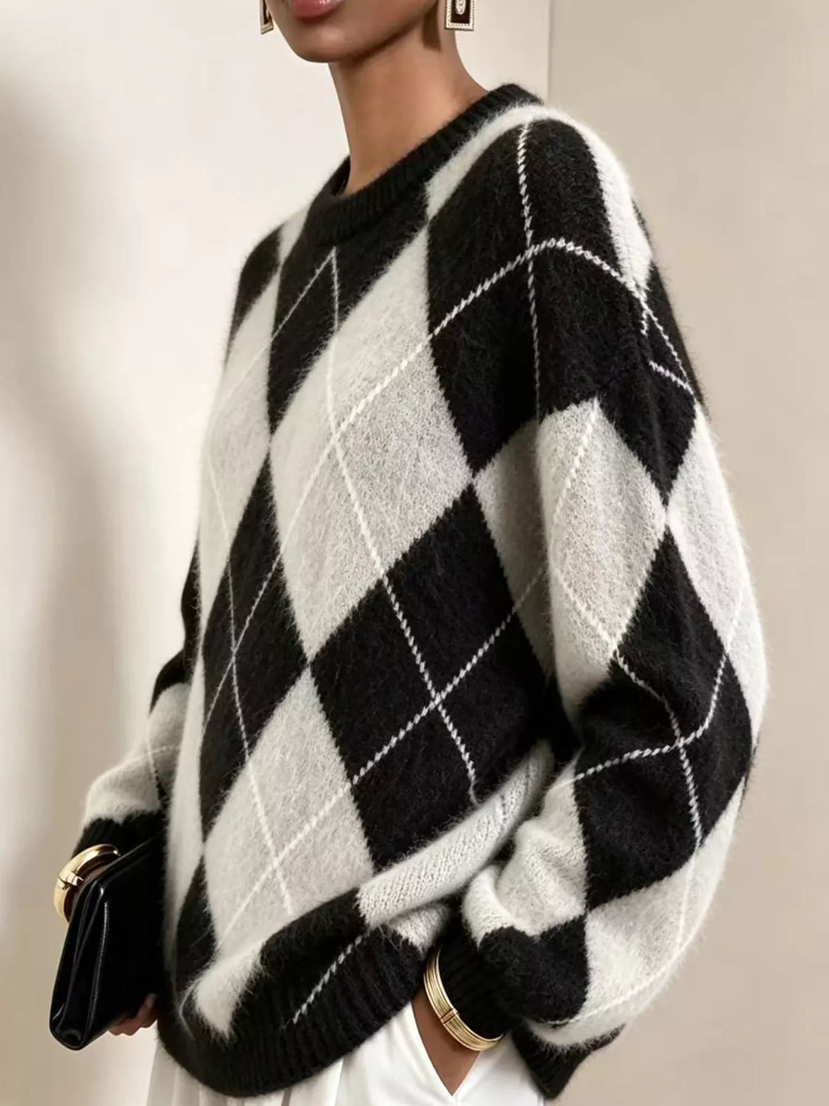 Women's Argyle Fuzzy Knit Sweater – view 17
