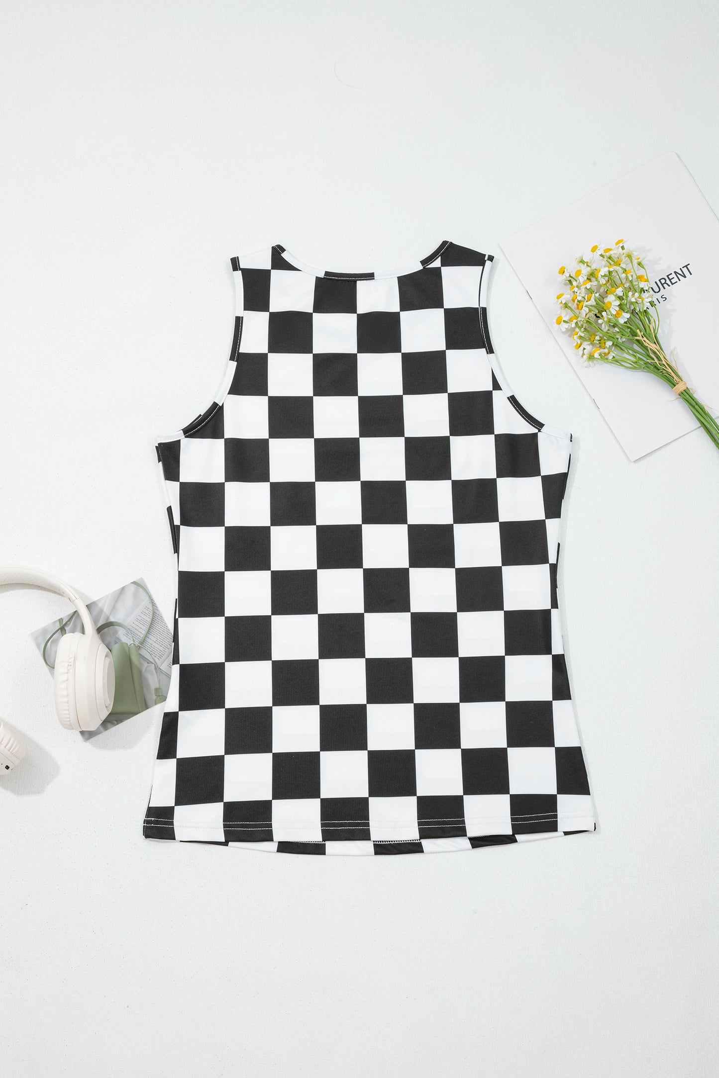 Black Checkerboard Printed Slim Tank Top  Shop One Place