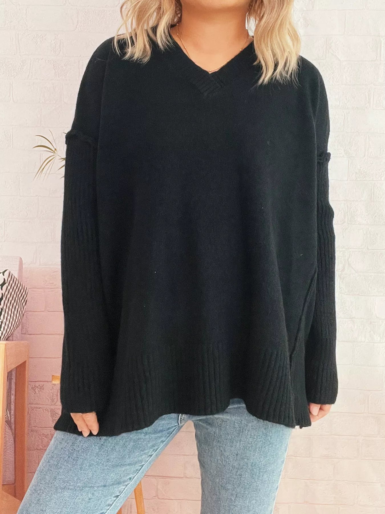 V-Neck Dropped Shoulder Sweater  Shop One Place