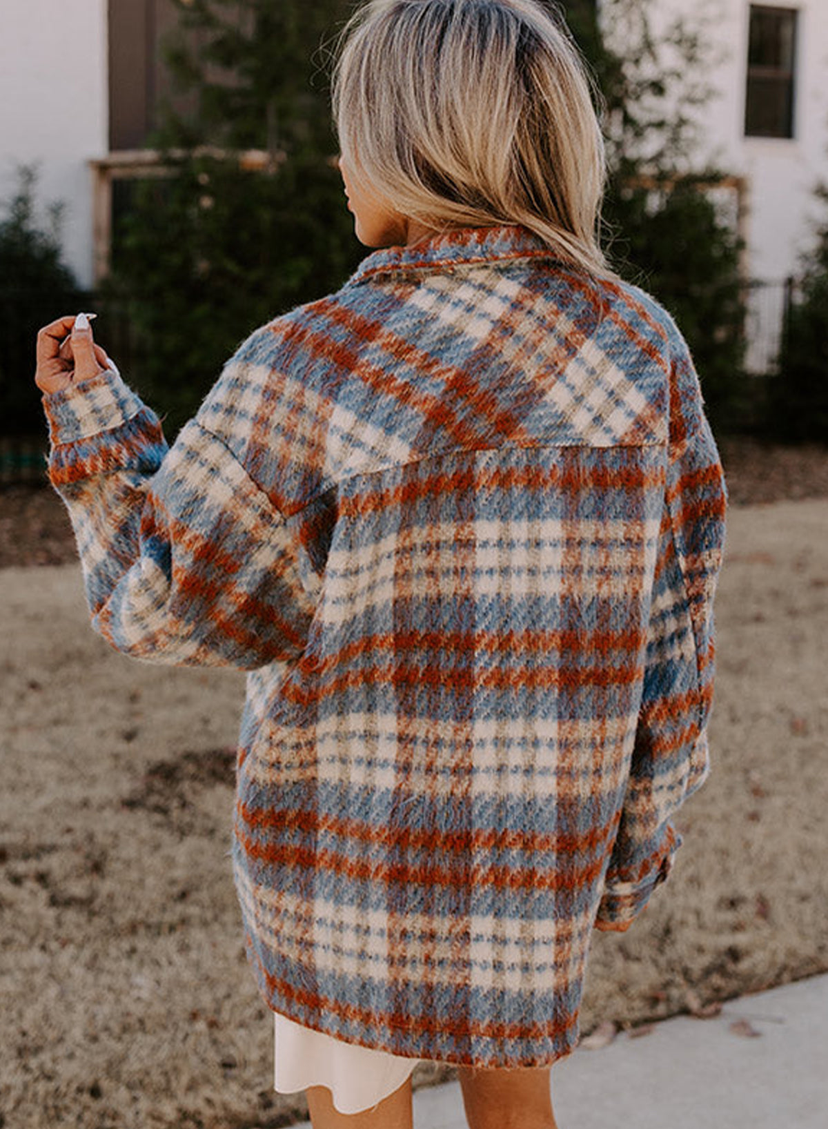 Mist Green Plaid Print Chest Pockets Turn Down Collar Shacket