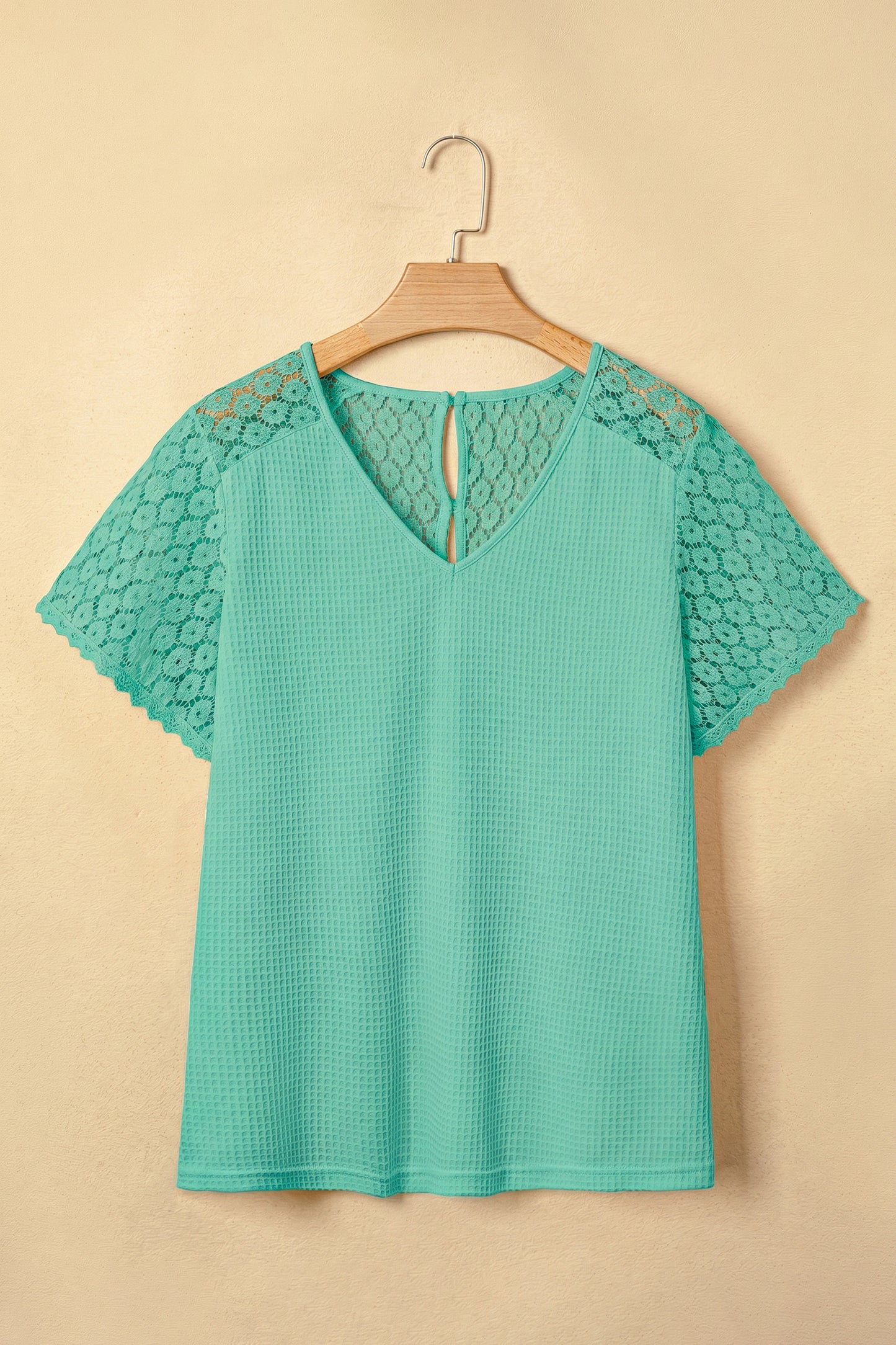 Pink Lace Splicing Button Cutout V Neck Waffle Knit Blouse  Shop One Place