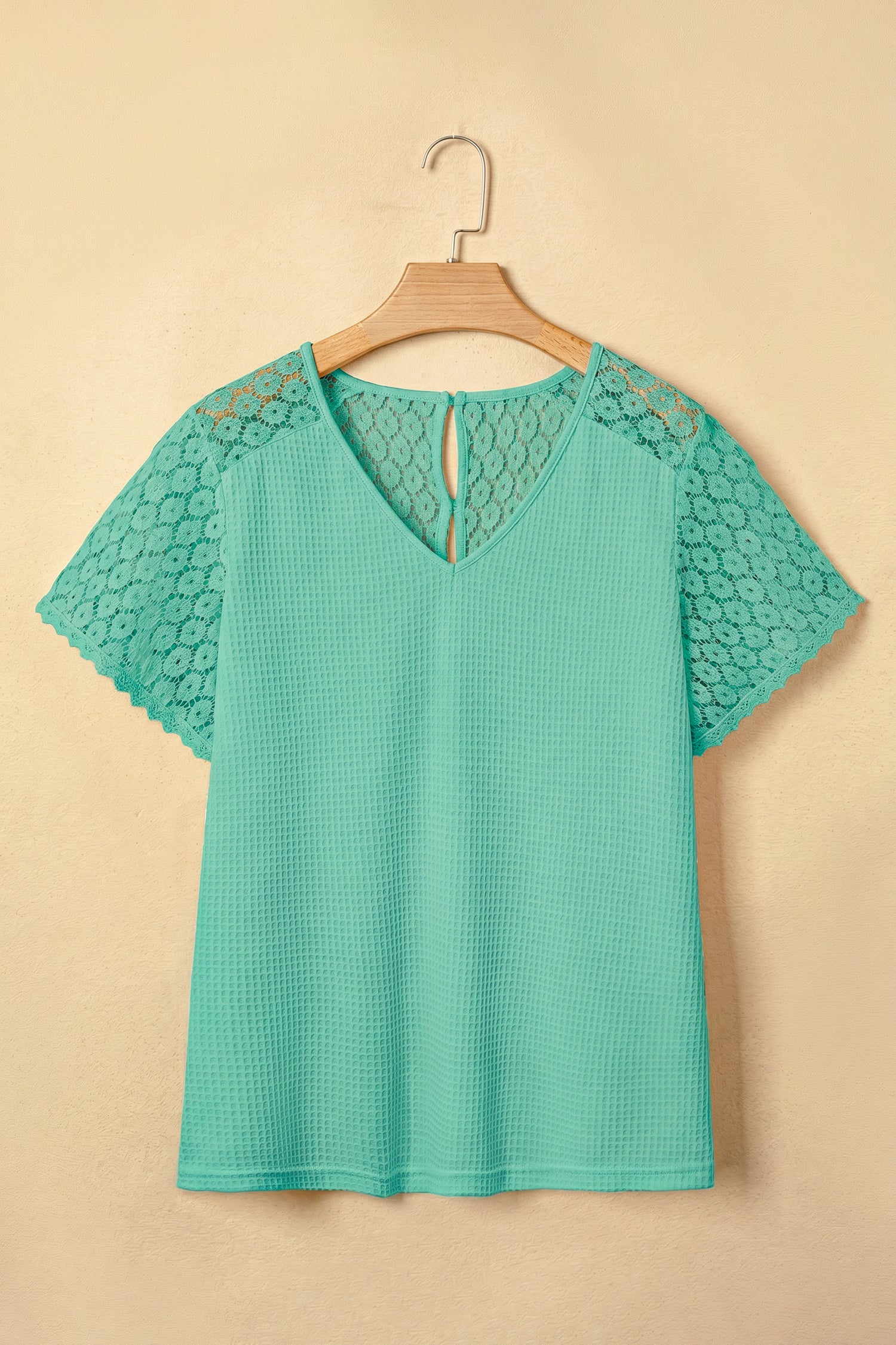 Pink Lace Splicing Button Cutout V Neck Waffle Knit Blouse  Shop One Place