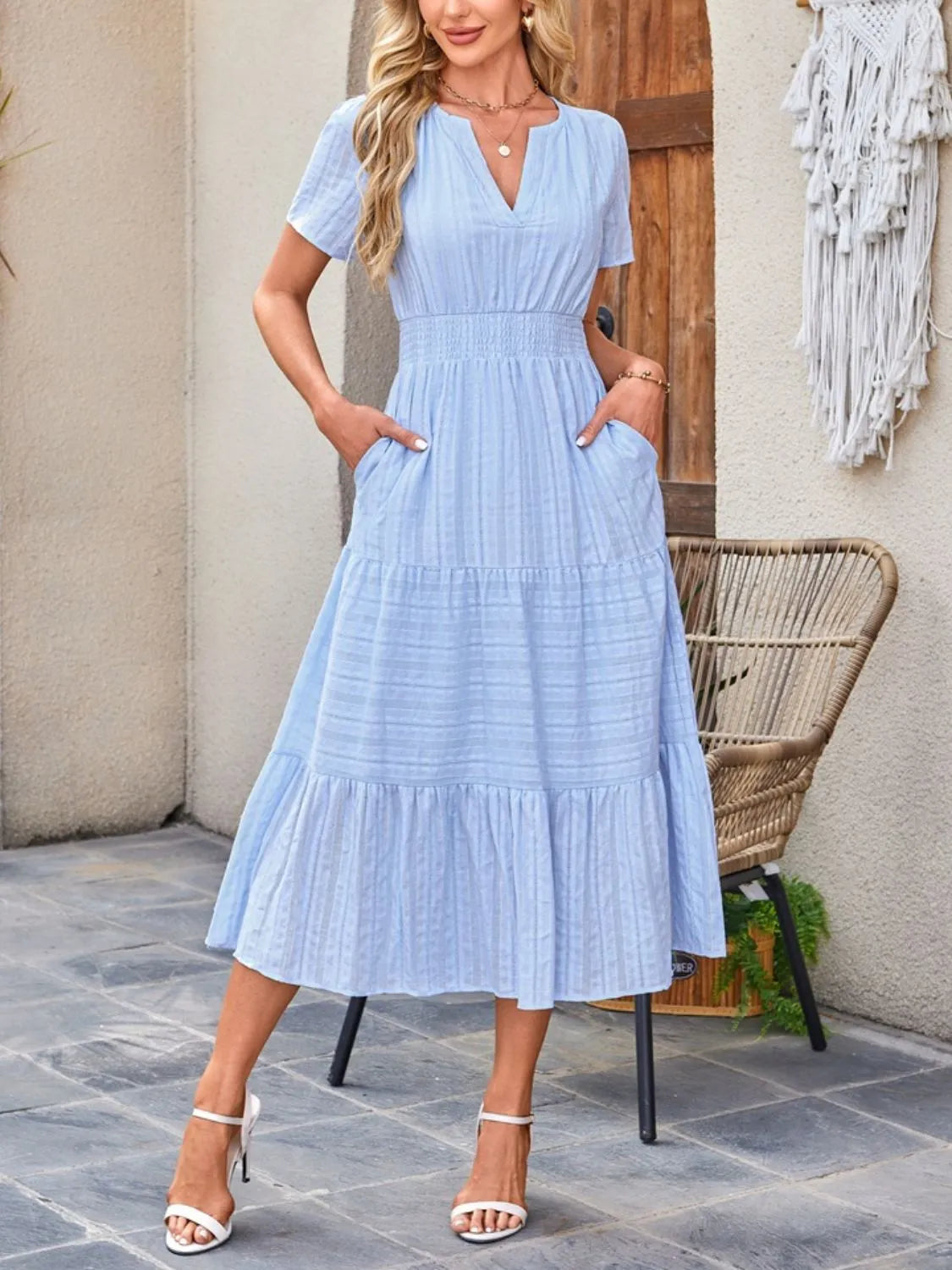 Tiered Notched Short Sleeve Dress  Shop One Place
