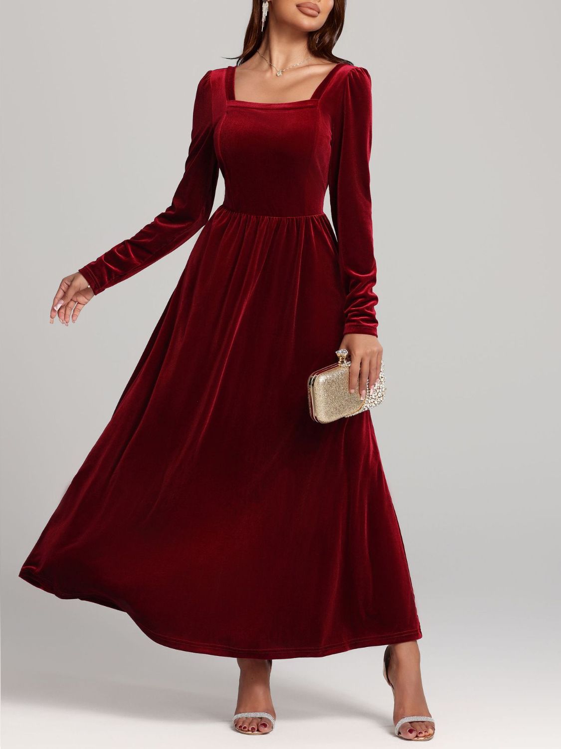 Velvet Square Neck Long Sleeve Dress  Shop One Place