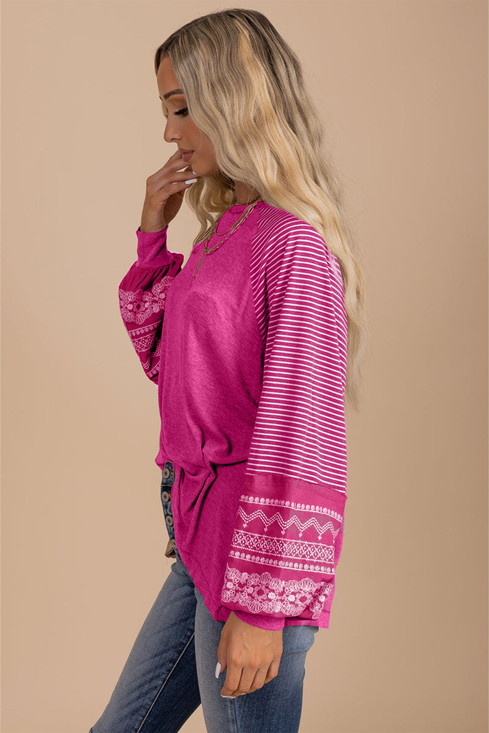 Contrast Print Striped Raglan Long Sleeve Loose Top  Shop One Place